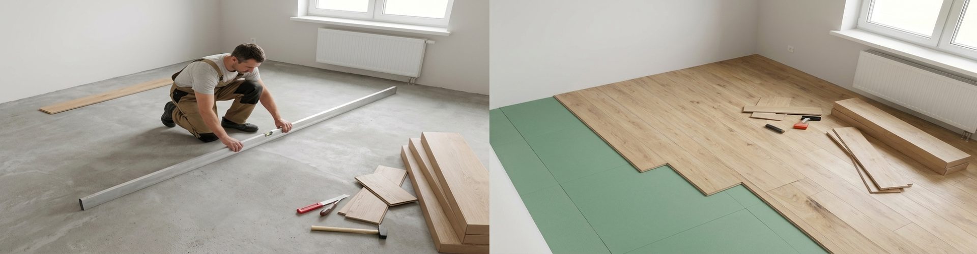 Монтаж ламината на тонкую подложку по ровной стяжке с проверкой основания правилом