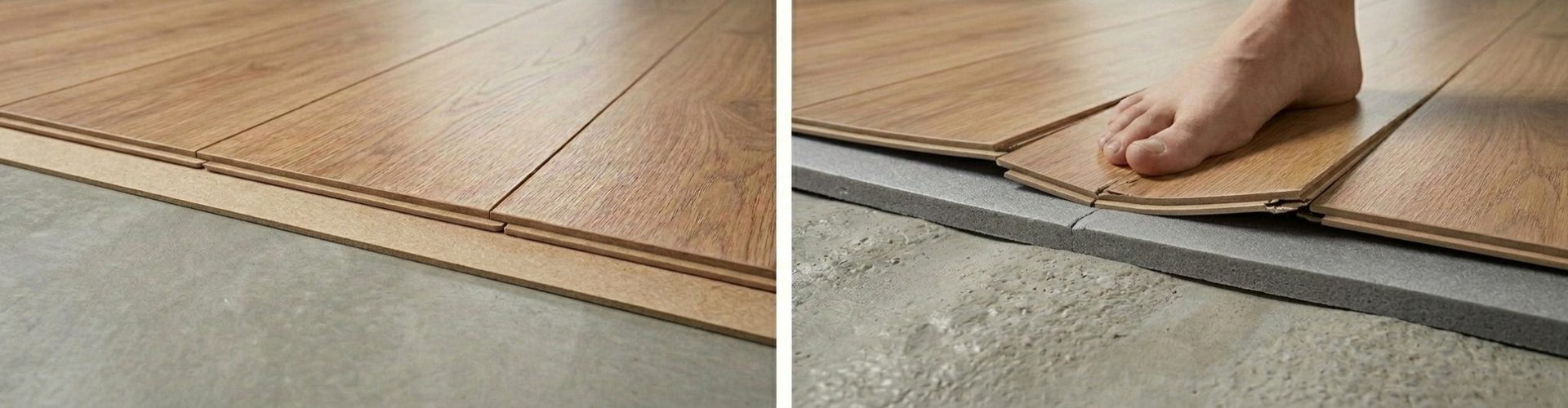 Сравнение правильной и ошибочной укладки ламината на подложку разной толщины