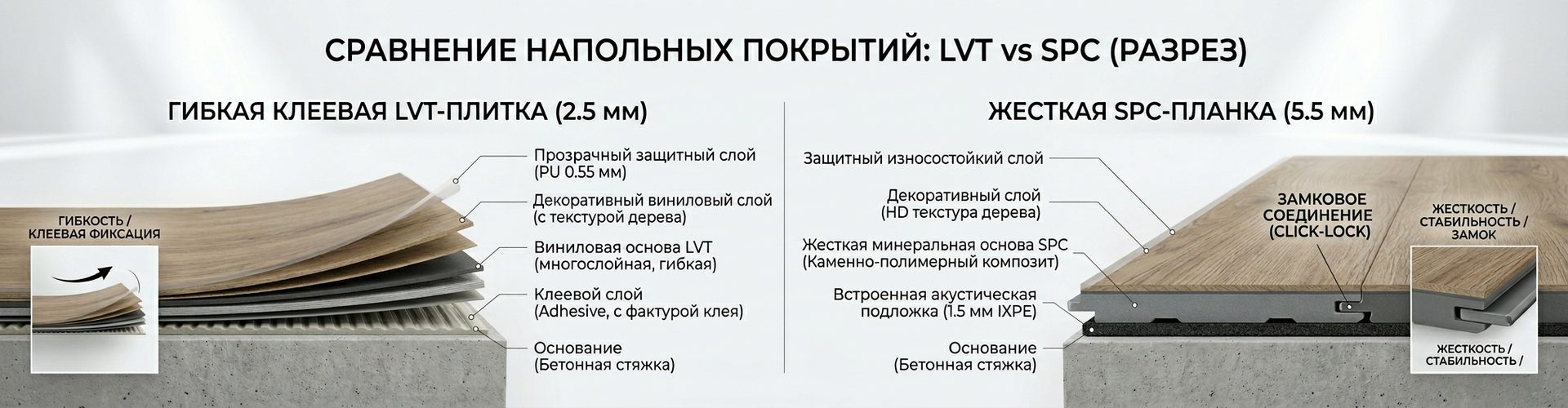 Разрез LVT и SPC покрытий с показом слоев и отличий конструкции.