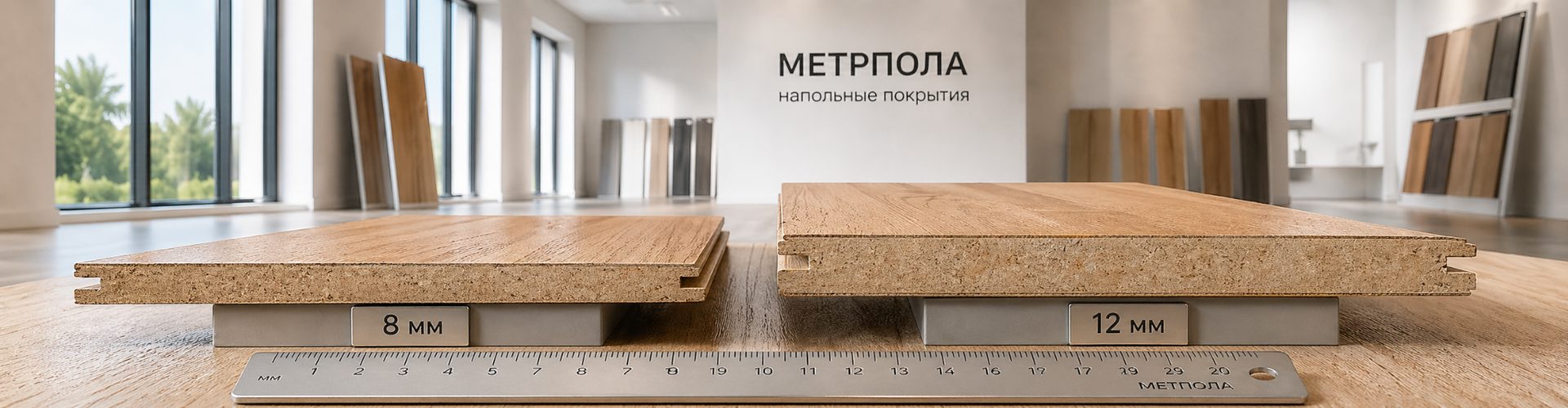 Сравнение толщины ламината 8 мм и 12 мм в разрезе на светлом фоне